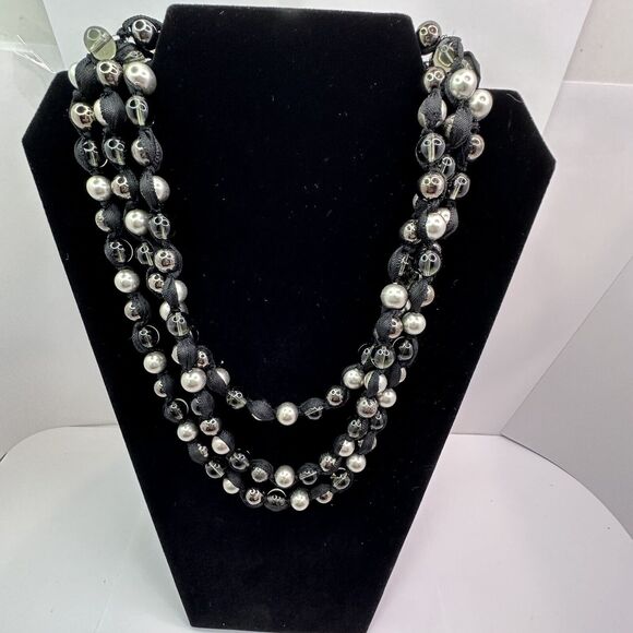 Multi Strand Statement Ribbon Necklace with Silver Black Clear Glass Beads 22" - Picture 3 of 14